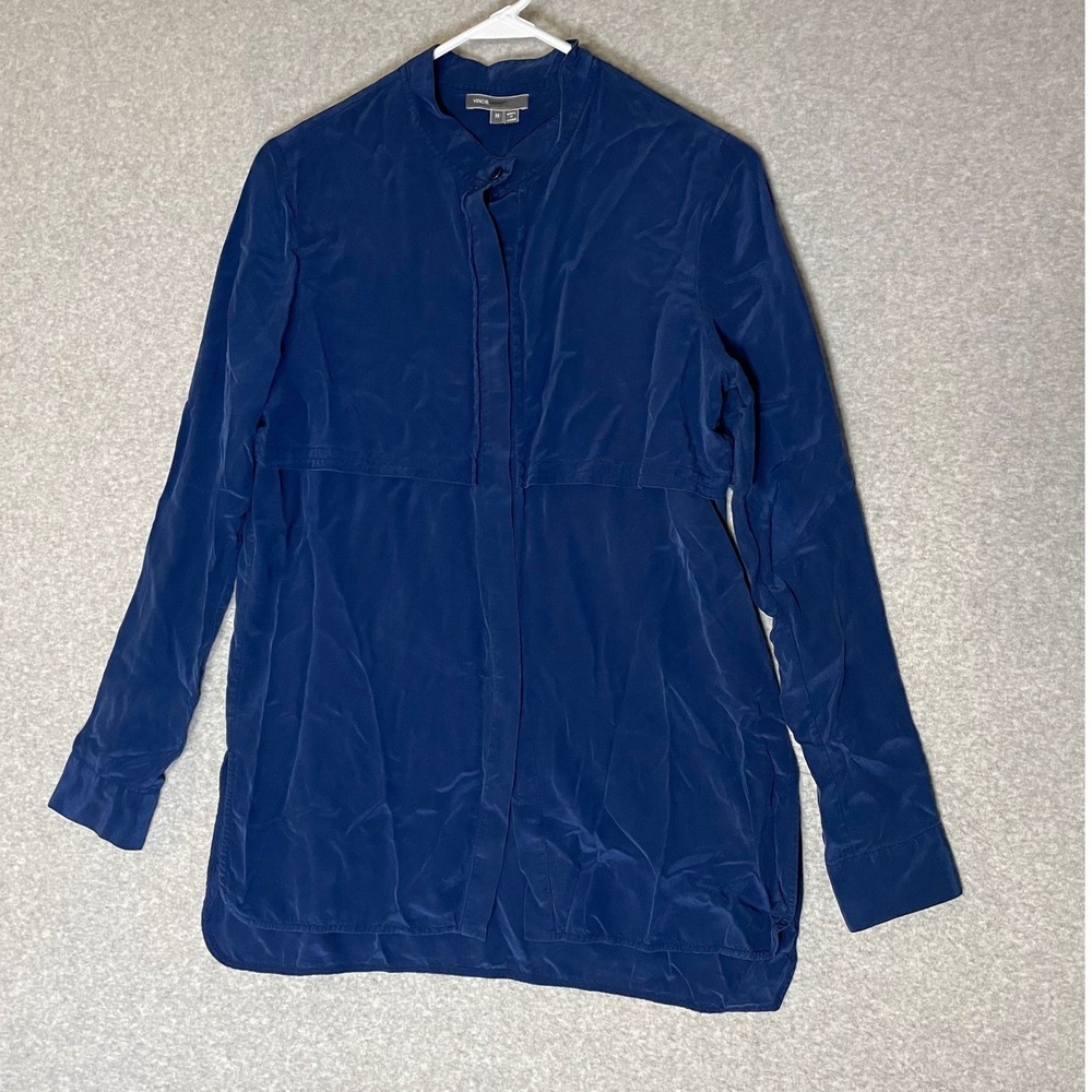 Vince Silk‎ Mandarin Collar Long Sleeve Button Up Shirt Top Blue Size M